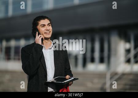 Multikultureller Geschäftsmann, der am Telefon telefoniert, während er ein Tablet vor einem modernen Bürogebäude hält Stockfoto