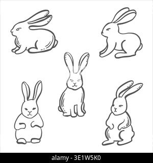 Satz Kaninchen skizzieren Vektorgrafik Illustration für Design von Landwirtschaft und zoologischen Themen. Skurrile Hand gezeichnete isolierte Osterhasen. Schwarz und Stock Vektor
