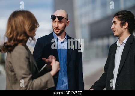 Multikulturelle Kollegen, die ein Geschäftstreffen im Freien und ein Gespräch in einem Bürogebäude führen Stockfoto