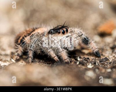 Extremer Makronaht einer springenden Spinne (Didippus, Familie Salticidae, Ordnung Araneae), die ihre großen nach vorne gerichteten Augen und ihren behaarten Körper zeigt. Stockfoto