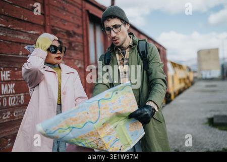 Touristen, die einen Stadtplan besuchen und verwirrt neben einem Güterzug auf einem Bahnsteig aussehen Stockfoto