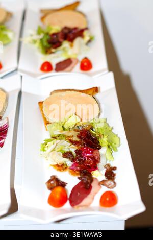 Foie Gras Vorspeise mit Salat und Garnitur auf einem eleganten Teller, serviert als raffinierte Vorspeise für gehobene Speisen oder Catering-Veranstaltungen. Stockfoto