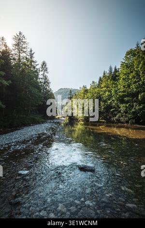 Der Aubachfall ist ein Naturdenkmal im Lammertal in Abtenau. Der Aubach fließt dabei zwischen Egelseehörndl und Einberg über eine Geländekante über fünf Kaskaden, bevor er 200 Meter danach in die Lammer Mündet. 11.07.2023. // der Aubacher Wasserfall ist ein Naturdenkmal im Lammertal bei Abtenau. Der Aubach fließt zwischen Egelseehörndl und Einberg über einen Kamm und stürzt fünf Ebenen ab, bevor er 200 Meter weiter in die Lammer mündet. Juli 2023. - 20230711 PD20113 Stockfoto