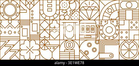Abstraktes geometrisches Casino-Muster. Modernes nahtloses Vektor-Muster mit klassischen Casino-Symbolen. Karten, Würfel, Geld, Krone, Cocktail, Geldbörse, Klee, Chips und Anzüge für Spiele-Hintergründe Stock Vektor