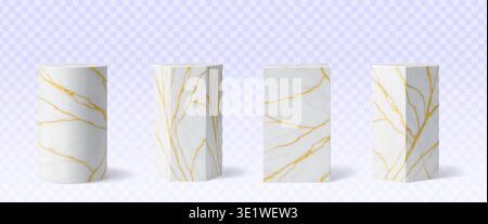 Marmorsäulenpodium Podestgestelle, luxuriöse 3D-Steinständer mit goldenen Adern. Realistische weiße 3D-Vektor-Säule oder Blöcke von Formen wie quadratisch, zylindrisch, hexagonal. Geometrische Säulenplattformen Stock Vektor