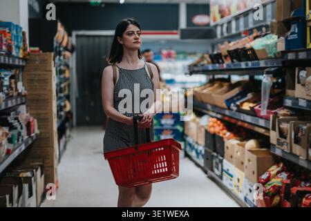 Junge Frau, die im Supermarktgang einen roten Korb hält und Lebensmittel durchsucht Stockfoto