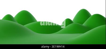 3D grüne Graswiese, Rasen und Hügel. Lebendige Vektorszene mit Hängen und Graswiesen für Reisegrafiken, Umweltprojekte, Park-Branding, saisonale Grafiken oder Kinderspiele Stock Vektor