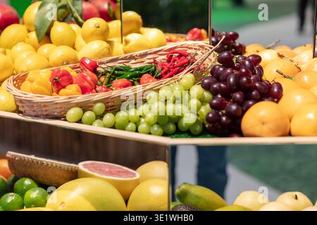 Eine Vielzahl von frischem Obst und Gemüse wird in den Regalen ausgestellt, darunter Zitronen Trauben Paprika Limetten Grapefruit Pomelos und Avocados Concepts relat Stockfoto