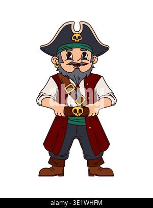 Fröhlich lächelnde alte Korsair-Piraten-Cartoon-Figur. Fröhliches Maskottchen, Filibuster-Bandit oder Seemann-Vektor-Charakter mit grauem Bart, Tricorn-Hut und Gürtel mit menschlichem Schädel Stock Vektor