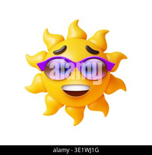 Cartoon 3D Sonnenfigur, gelbes sonniges Emoji mit lächelndem Gesicht, fröhlicher Emotion und lila Sonnenbrille. Vektor isolierte glänzende runde Sonne mit sanften Strahlen, glücklichem Ausdruck und niedlicher freundlicher Stimmung Stock Vektor
