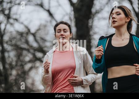 Zwei Frauen laufen zusammen in einem Park, tragen sportliche Outfits und aktive Kleidung und bleiben fit Stockfoto