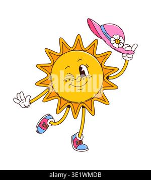 Comic lustige groovige Sonnenvektorfigur mit fröhlichem Gesicht, rosa Hut mit einer Blume halten, zwinkern und gehen in Vintage-Sneakers, die Retro-Hippie y2k-Vibe voller warmer sonniger nostalgischer Charme schaffen Stock Vektor
