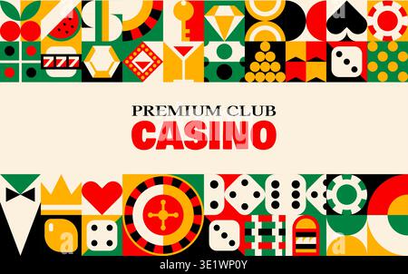 Online-Casino- und Glücksspiel-Banner mit geometrischem Retro-Muster. Rotes, schwarzes, goldenes und grünes Muster mit Roulette-Rad, Würfeln und Poker-Chips. Flaches Vektor-Banner für Casino-Werbeaktion Stock Vektor
