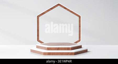 Sechseckiges Podium aus Holz mit Rahmen, Lagenplattform und geometrischem Bogen. Moderner realistischer 3D-Vektor-Hintergrund mit Mockup für Produktpräsentation, Schaufenster, Innenanzeige, Ausstellungsstand Stock Vektor
