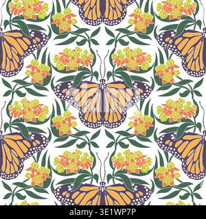 Nahtloses Jugendstil-Muster mit Monarchschmetterling und symmetrischen Milkweed-Blumen Stock Vektor