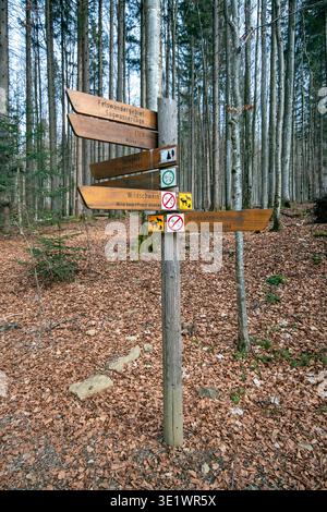 Wegweiser im Nationalpark Bayerischer Wald, Bayerischer Wald, Bayern, Deutschland Stockfoto