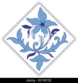 Rustikales Designelement. Holland traditionell lackierte Keramikfliesen. Blaue gekrümmte Blumen und Blätter auf weißem Hintergrund. Vintage quadratische Mosaikfliesen Stock Vektor
