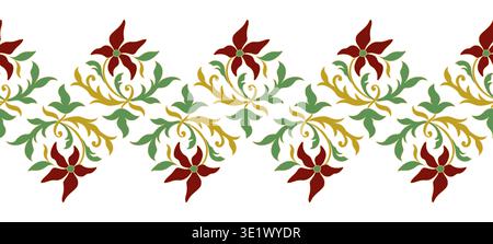 Damaststil mit nahtlosem Rand. Antikes gesticktes Wandteppich. Mittelalterliches Pflanzenschmuck auf weißem Hintergrund. Diagonales Vintage-Blumenmuster Stock Vektor