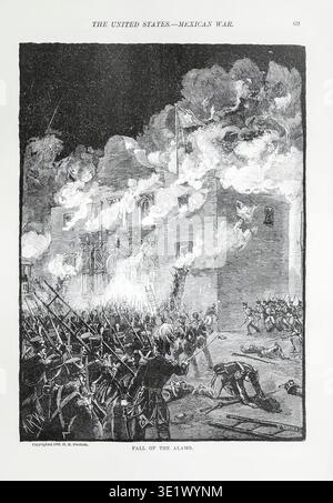 Mexikanische Soldaten stürmen die brennende Alamo-Mission, während texanische Verteidiger tapfer Widerstand leisten und einen entscheidenden Moment der Belagerung und des Konflikts während der texanischen Revolution darstellen. In Kapitel cxxiii: Mexikanischer Krieg und sechstes Jahrzehnt. Aus BUCH XXI. - The United States in Band 15, of Ridpath's Universal History : ein Bericht über den Ursprung, den primitiven Zustand und die ethnische Entwicklung der großen Rassen der Menschheit und über die wichtigsten Ereignisse in der Evolution und dem Fortschritt des zivilisierten Lebens unter Menschen und Nationen, aus neueren und authentischen Quellen mit einer vorläufigen Untersuchung über Zeit, Ort und Art der Menschheit Stockfoto