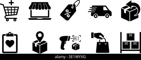 Diese umfassende Sammlung schwarzer, durchgehender Symbole repräsentiert den modernen E-Commerce-Lebenszyklus vom Browsen bis zur Bereitstellung. Es ist ideal für Entwickler und Stock Vektor