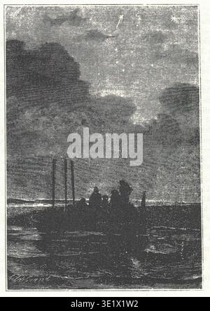 Vintage-Illustration eines Bootes mit Menschen, die unter einem sternenklaren Nachthimmel mit Wolken segeln. In einem Boot, das dunkle Gewässer unter einem dramatischen Himmel mit Sternen und wirbelnden Wolken durchquert, werden Figuren in der Silhouette dargestellt, die ein Gefühl von Mysterium und Abenteuer wecken. Stockfoto