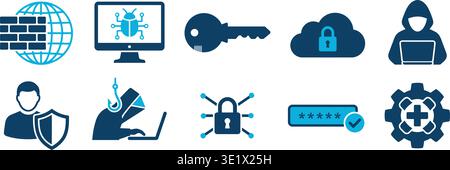 Cyber Security und Netzwerkschutz durchgehende Symbolgruppe. Enthält Symbole zu Firewall, Malware-Bug, Cloud-Sicherheit, Phishing-E-Mail, Password Authe Stock Vektor