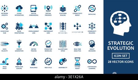 Diese umfassende Sammlung von 28 modernen flachen Symbolen repräsentiert Schlüsselkonzepte für die Geschäftsstrategie und den technologischen Fortschritt. Ideal für Stock Vektor