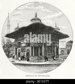 Kunstvoller osmanischer Rokoko-Brunnen von Sultan Ahmed III. Vor dem Topkapi-Palasttor auf dem Sultanahmet-Platz, monumentaler öffentlicher Brunnen aus dem 18. Jahrhundert in Istanbul, kunstvoll geschnitzte Details. Aus dem BUCH XXVI. Osteuropa in Band 16 von Ridpath's Universeller Geschichte ein Bericht über den Ursprung, den primitiven Zustand und die ethnische Entwicklung der großen Rassen der Menschheit und über die wichtigsten Ereignisse in der Evolution und dem Fortschritt des zivilisierten Lebens unter Menschen und Nationen, aus neueren und authentischen Quellen mit einer vorläufigen Untersuchung über die Zeit, den Ort und die Art des Beginns von Ridpath, John Clark, 1840-1900 Pub Stockfoto