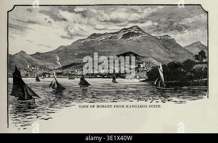 Hobart City und Mount Wellington erheben sich über einer ruhigen Bucht, mit Segelbooten, die durch das Wasser navigieren, und schaffen eine ruhige historische Meereslandschaft, die einen bedeutenden australischen Hafen darstellt. Aus Kapitel CLVII — Australien. Aus dem BUCH XXVII. Oriental Nations in Band 16 von Ridpfads Universeller Geschichte ein Bericht über den Ursprung, den primitiven Zustand und die ethnische Entwicklung der großen Rassen der Menschheit und über die Hauptereignisse in der Evolution und dem Fortschritt des zivilisierten Lebens unter Menschen und Nationen, aus neueren und authentischen Quellen mit einer vorläufigen Untersuchung über die Zeit, den Ort und die Art des Beginns durch Ridp Stockfoto