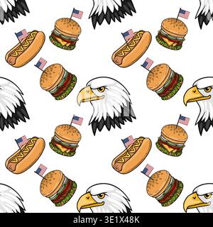 Nahtloses Vektormuster amerikanischer Fast Food- und Adlerköpfe mit US-Flaggen Stock Vektor