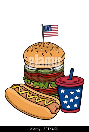 Festliche Vektor-Illustration des 4. Juli eines riesigen Burgers, Hot Dogs und eines Getränks mit amerikanischer Flagge Stock Vektor