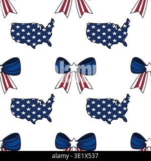 Nahtloses Vektormuster von USA-Karte und patriotischer Schleife, USA-Flaggenelemente Stock Vektor