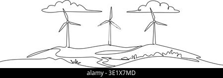 Kontinuierliche Linienzeichnung von Windturbinen in hügeliger Landschaft, Liniengrafik-Vektor-Illustration Stock Vektor