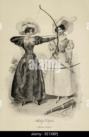 Zwei elegante Frauen, die sich dem Bogenschießen widmen, tragen modische Kleidung aus den 1830er Jahren mit großen gefiederten Hüten und Bögen und einem Teleskop auf dem Boden. The Sportswoman's Library herausgegeben von Frances E. Slaughter Publisher Westminster : A. Constable 1898 Stockfoto
