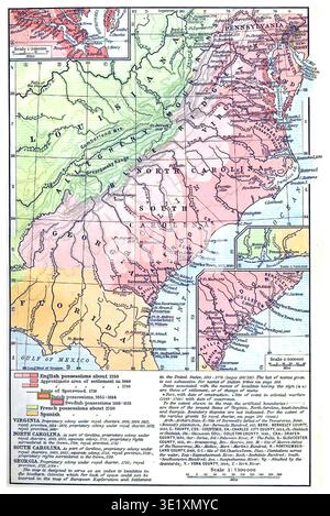 William R. Shepherds Karte zeigt die englischen Kolonien in Nordamerika und konzentriert sich auf die südlichen Kolonien (Virginia, North Carolina, South Carolina und Georgia) von 1613 bis 1760 n. Chr. Die 1911 erstellte Karte erfasst die Entwicklung der Koloniallandschaft in den frühen USA und betont territoriale Erweiterungen und wichtige Siedlungen. Stockfoto