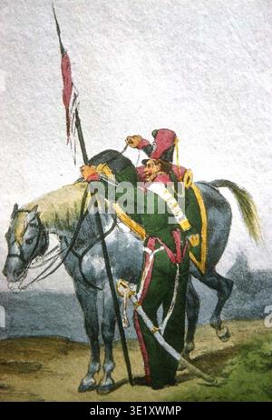 Carle Vernet (1758–1836) illustrierte in diesem Stück einen Drachenpfadfinder der Kaiserlichen Garde, der den Uniformen und berittenen Soldaten des 2. Regiments der französischen Kaiserlichen Garde vor 1836 darstellt. Stockfoto