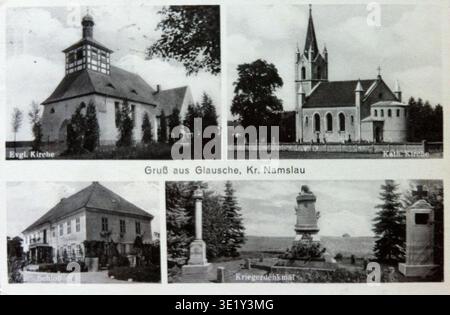 Glausche, auf Polnisch Głuszyna, ist eine Ortschaft in der historischen Region Schlesien in Mitteleuropa. Der Ort ist auf regionalen Postkarten des frühen 20. Jahrhunderts erschienen, die Siedlungen und Landschaften dokumentieren. Das Archivbild zeichnet eine fotografische Reproduktion einer um 1930 ausgestellten Postkarte aus, die den Ort repräsentiert. Stockfoto
