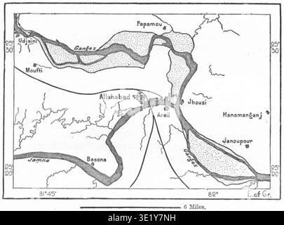 Allahabad, heute bekannt als Prayagraj, ist eine historische Stadt in Uttar Pradesh, Indien, am Zusammenfluss des Ganges und der Yamuna, einem Ort, der traditionell Triveni Sangam genannt wird. Das Archivbild zeichnet eine fotografische Reproduktion einer Karte aus dem Jahr 1885 auf, die die Stadt am Flussknotenpunkt zeigt. Der historische Fotodruck dokumentiert die geographische Darstellung des Ortes in der Kartographie des 19. Jahrhunderts. Stockfoto