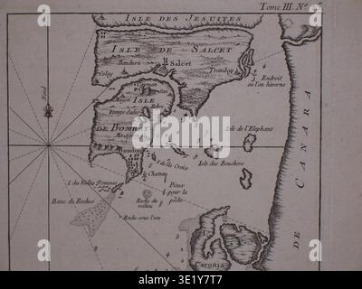 Dies ist die obere Hälfte der neu ausgerichteten Karte von Bombay (Mumbai) aus dem Jahr 1764, die vom französischen Kartografen Jacques-Nicolas Bellin erstellt wurde. Es liefert detaillierte geografische Informationen über die Insel und die umliegenden Gebiete während der Kolonialzeit des 18. Jahrhunderts. Stockfoto