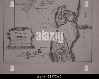 Dies ist die untere Hälfte von Jacques-Nicolas Bellins neu ausgerichteter Karte von Bombay aus dem Jahr 1764, die detaillierte Informationen über die südlichen Teile der Insel und die umliegenden Gebiete während der Kolonialzeit des 18. Jahrhunderts liefert. Stockfoto