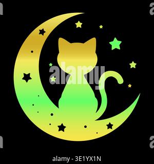 Mystische Katzensilhouette sitzend auf Halbmond mit Sternen Vektor Illustration Stock Vektor