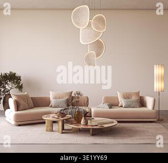 Modernes Wohnzimmer mit beigefarbenem Sofa und abstrakter Pendelleuchte Stockfoto