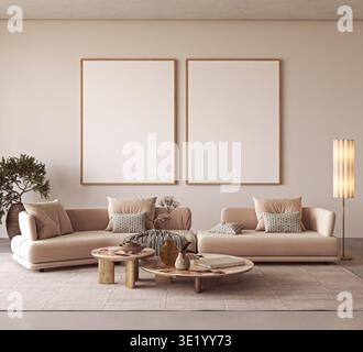 Modernes Wohnzimmer mit zwei leeren Posterrahmen und beigefarbenem Sofa Stockfoto