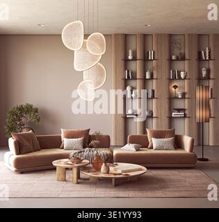 Modernes Wohnzimmer mit Terrakotta-Sofa und Bücherregalen aus Holz Stockfoto