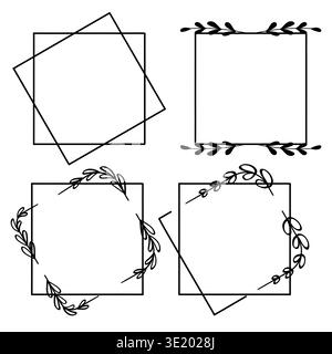 Ein Set aus vier minimalistischen quadratischen Rahmen mit handgezeichneten botanischen Blättern und eleganten geometrischen Linien in schwarzer Tinte, ideal für Hochzeitseinladungen Stock Vektor