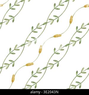 Diagonales nahtloses Muster mit miteinander verflochtenen dünnen grünen Zweigen und Spikelets aus beigem Gras auf isoliertem Hintergrund. Botanische Aquarellillustration Stockfoto
