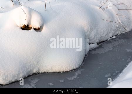 Eisiger Bach fließt durch ein verschneite Wunderland. Dickes weißes Pulver bedeckt die Ufer und reflektiert weiches Wintersonnenlicht. Eine ruhige, kalte Naturszene Stockfoto