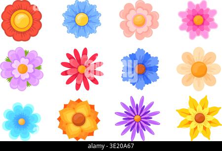 Abstrakte Blumen von oben. Frühlingsblume geometrische bunte Blütenblätter Blumen isolierte Ikone, nette Blüte Garten Wildblumen verschiedene Knospen Blumenstrauß Dekoration, saubere Vektor Illustration Original Kunstwerk Stock Vektor