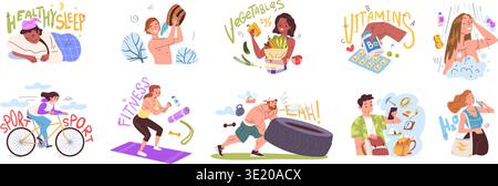 Menschen gesunde Lebensweise. Gesundheitsgewohnheiten tägliche Routine, geistiges Wohlbefinden Morgen Sport Übung Getränk Wasser Schlaf Nahrung Ernährung Hygiene Mann Frau Zeitplan klassisch Vektor Illustration Original Kunstwerk Stock Vektor