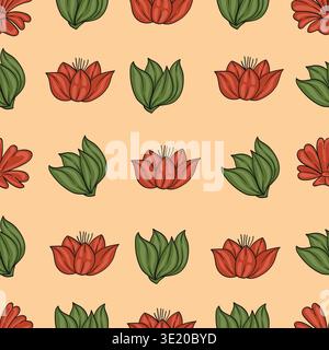 Nahtlose Muster Rote Blumen und Blätter Hand gezeichnet auf Beige Hintergrund. Vektorabbildung Stock Vektor